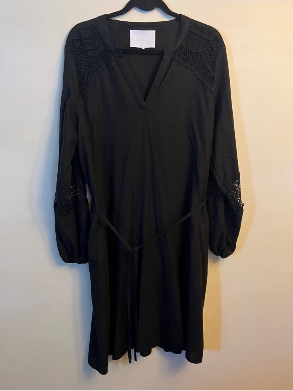 Black Linen Women's Long Sleeve V-Neck Dress with Crochet Detail